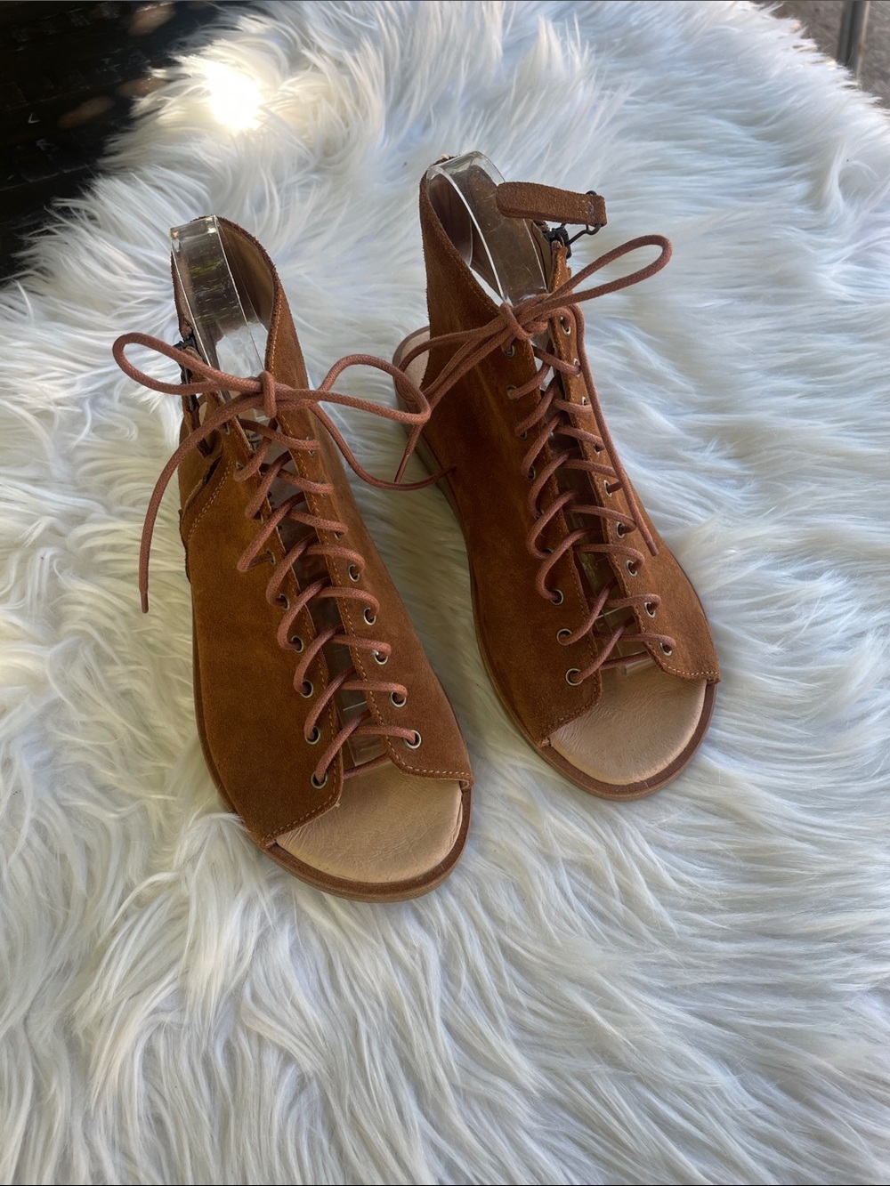 GeeWawa Gladiator Lace-Up Open-Toe Suede Ankle Sandals- Brown
